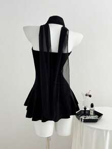 Elamini 女士时尚性感纯色抹胸迷你连衣裙 - 黑色 - 查看 2