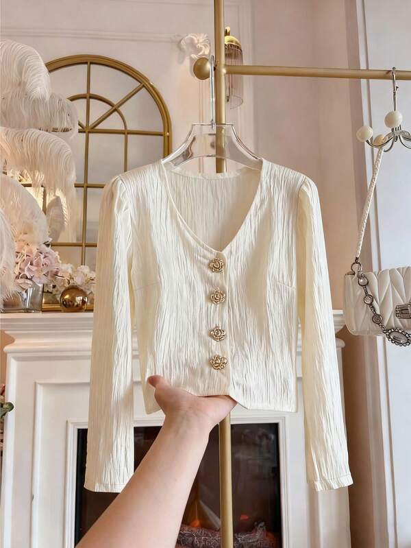 SHEIN Franclia Koszula damska z długim rękawem i dekoltem w serek, zapięcie na metalowe guziki, tkanina tkana, codzienna i modna odzież