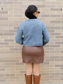 Melissa Matos Women's Brown Leather Mini Skirt With Side Slits And Ruched Detailing - Coffee Brown - View 2