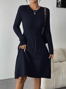 SHEIN Clasi Váy len dệt kim màu trơn cổ tròn tay dài cho nữ mùa thu - Màu xanh hải quân - Xem 7