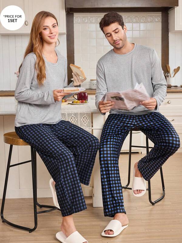 CoupledUp Conjunto de pijama de manga larga y pantalón largo con estampado de cuadros para hombre
