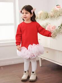 Babygirl Cute Casual Knit Patchwork Organza Long Sleeve Dress - Red - View 3