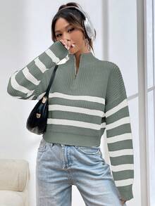 SHEIN Unity Suéter holgado de manga larga con cuello alto, media cremallera y patrón de rayas para mujer - Multicolor - Ver 4