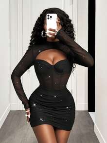 BamGleam 亮片网纱钢骨长袖女式连衣裙，秋冬款 - 黑色 - 查看 7