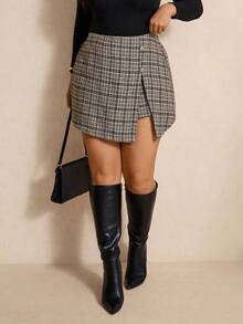 Elaquor Plus Size Women Plaid Button Design Split Hem Elegant Skort Spring - Camel - View 4
