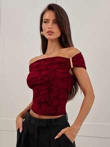 Aloruh Elegant Commuter Solid Color Cut-Out Off Shoulder T-Shirt  Winter Clothes For Women - Burgundy - View 4