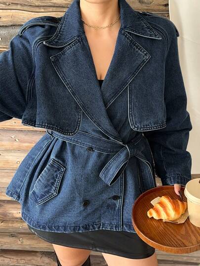 Dazy Plus Plus Size Women Casual Denim Jacket With Wide Lapel, Loose Tie-Waist Elegant Windbreaker Coat For Autumn/Winter