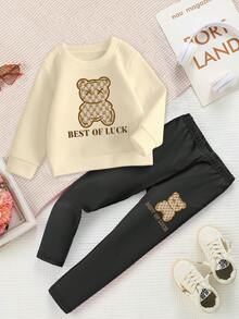 SHEIN Playful Pals 2 件套女婴休闲熊印花运动衫和紧身裤套装，秋季服装 - 彩色 - 查看 2