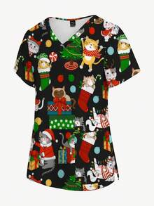 PopScrub Plus Size Women Christmas Cat Unwrapping Gift, Christmas Tree & Lights Print V-Neck Short Sleeve Tunic Top With Pockets And Ear Loops, Fashion Nurse Uniform