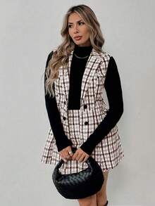 EMERY ROSE Conjunto de 2 piezas para mujer talla grande con chaleco de patrón a cuadros + falda línea A, elegante para el uso diario - Marrón - Ver 6