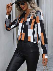 EMERY ROSE Women Geometric Print Long Sleeve Single Breasted Casual Blouse, For Autumn Women Shirt - Multicolor - View 3