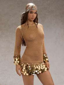 SHEIN Glamour 女士亮片针织连衣裙，长袖，镂空 - 卡其色 - 查看 7