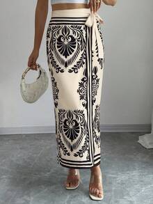 SHEIN PETITE 女士印花裹身系腰半身裙，适合春夏度假穿着