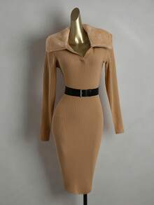 SHEIN Franclia Women's Elegent Mid-Length Faux Fur Collar Ribbed Knit Dress,Autumn Camel Long Sleeve Belted Fitted Midi Dress For Office Commuting& - Khaki - View 6