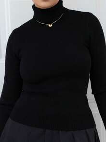 Melissa Matos High Neck Thermal Lined Slim Fit Long Sleeve Sweater, Warm Thermal Innerwear For Autumn/Winter Knit Pullover Fall Outfit - Black - View 5