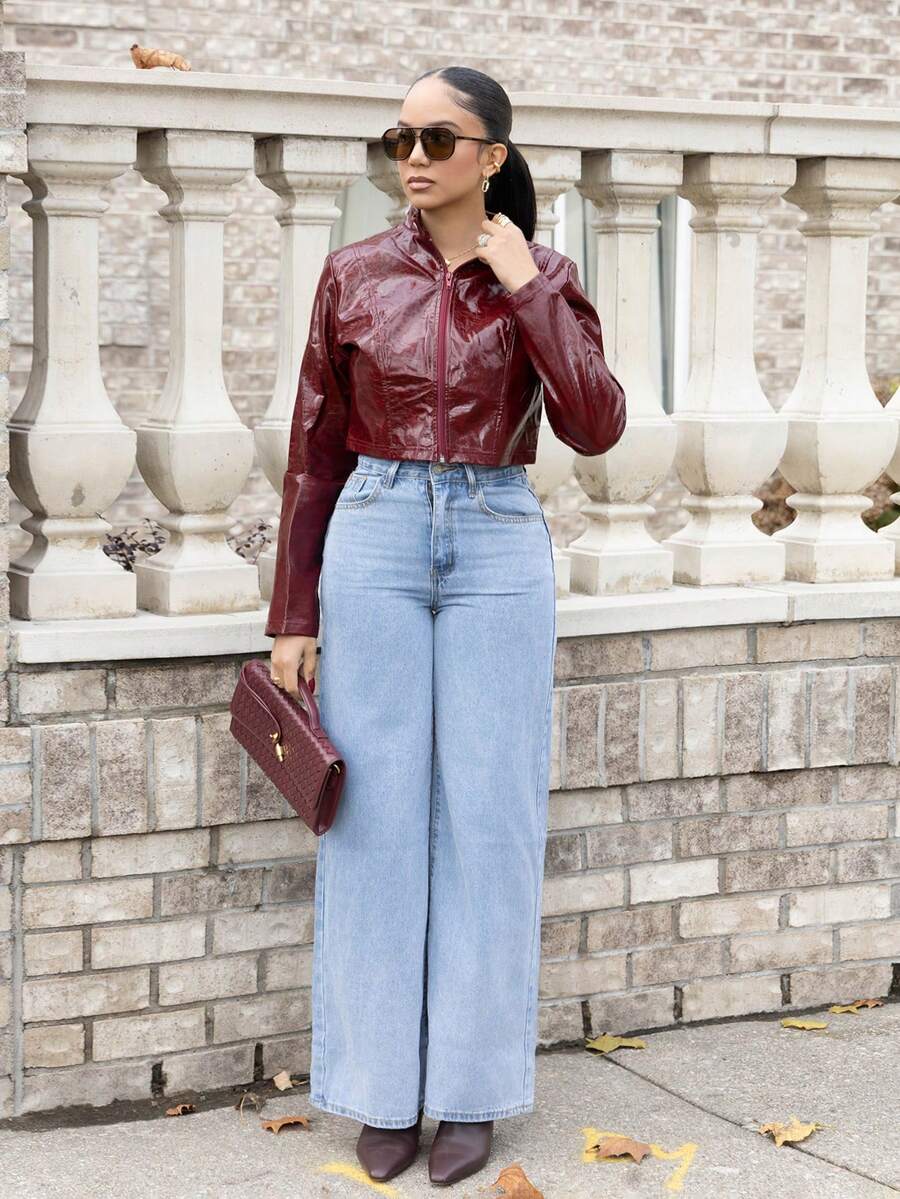 Melissa Matos Front Button Multi-Pocket Casual Loose Jeans, Daily Wear - Light Wash - View 1