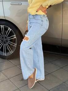 Women's Pocket Distressed Wide Leg Loose Casual Versatile Denim Jeans - Blue - View 3