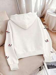 Resyla Women's Outdoor Pullover Sweatshirt, Autumn/Winter, Back To School, Teacher's Day, Outdoor, Cherry Pattern Design Print, Long Sleeve Hooded Sweatshirt, Street Photography, Holiday & Casual Wear, Must-Have, Eye-Catching, White, Women's Regular Fit Hooded Long Sleeve Sweatshirt - White - View 2