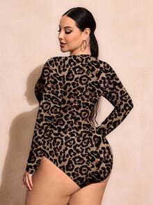 SHEIN SXY 大码豹纹圆领连体衣，休闲复古性感修身款 - 彩色 - 查看 2