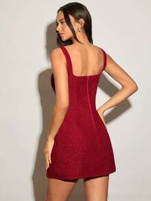 Enchnt 女士优雅派对蝴蝶结装饰无袖迷你连衣裙 - 酒紅色 - 查看 7