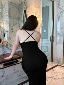 Flirla 加大码性感紧身连衣裙，V领，蕾丝拼接，蝴蝶结装饰，蝙蝠袖，修身收腰 - 黑色 - 查看 8