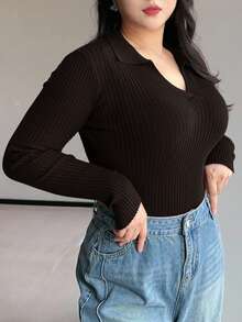Dazy Plus Solid Color V-Neck Elastic Fitted Long Sleeve Burgundy Pullover Sweater - Chocolate Brown - View 3
