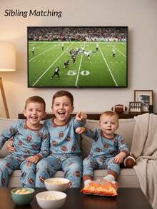 2pcs Young Boy Football Graphic Print Crew Neck Long Sleeve Top And Pants Knit Fabric Comfortable Stretchy Tight Fit Pajama Set