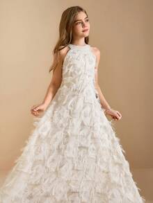 优雅的花童礼服，适合毕业典礼、婚礼、舞会，也适合万圣节、圣诞节；杏色碎花吊带无袖中长连衣裙，适合少女；时尚薄纱裙公主裙，适合返校季穿着。 - 杏色 - 查看 5