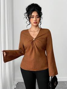 Elenzga Plus Size Women's V-Neck Shirt With X-Buckle Decor, Fashionable, Sexy, Elegant, Suitable For Work And Everyday Wear - Brown - View 5