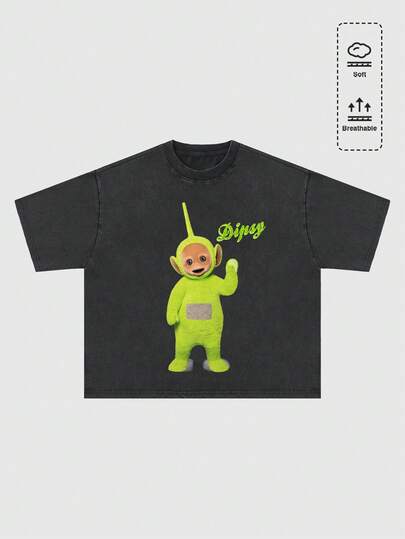 Teletubbies X ROMWE Men Vintage Wash Dipsy Graphic Loose Fit T-Shirt