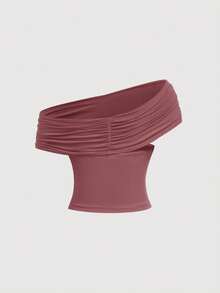 SHEIN MOD Canotta elegante da donna con collo a canottiera, plissettata e aderente, di colore unito - Rosa antico - Visualizzare 5