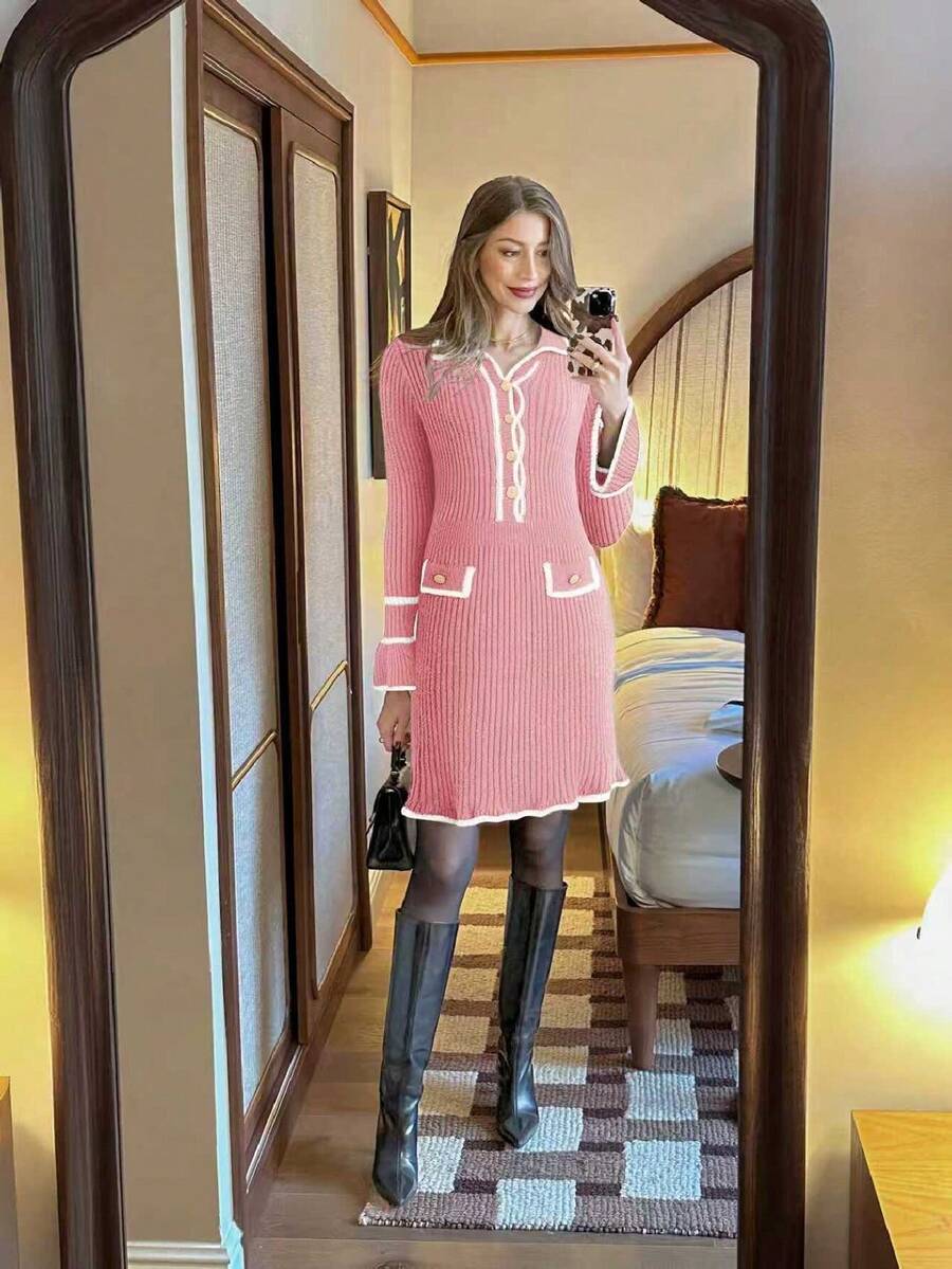 Pariaura Women's Elegant Contrast Trim Ribbed Knit Bodycon Long Sleeve Sweater Dress - Pink - View 1