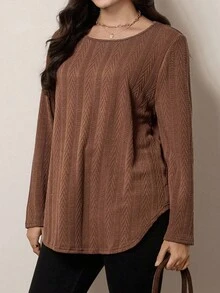 SHEIN LUNE Plus Size Casual Long Sleeve Textured Fabric T-Shirt With Curved Hem, Suitable For Autumn/Winter Holiday Outfit