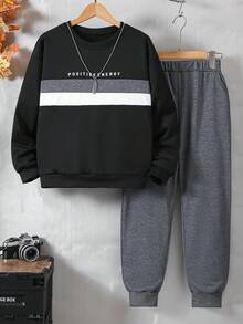 Vacaura 两件套休闲青少年男童黑白灰拼接卫衣和运动裤套装，适合春秋季穿着 - 黑色 - 查看 6