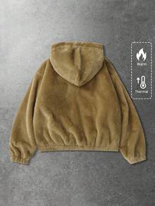 ROMWE MEN Casual 男女通用蓬松连帽夹克，秋冬街头风格美式休闲外套 - 咖啡棕 - 查看 2