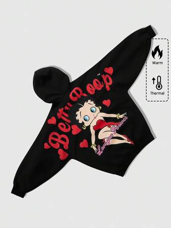 Betty Boop | ROMWE Felpa con cappuccio e zip da uomo con design americano da strada, maniche a pipistrello, grafica con figura e lettera a fumetti, autunno inverno