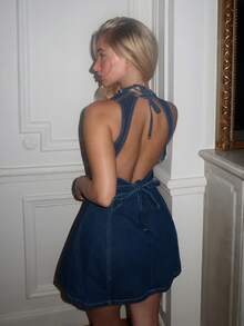 Turnttoni Women's Sexy Backless Mini Denim Dress, Fashion Casual - Blue - View 2