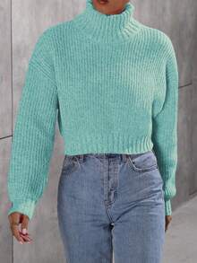 Calvaya Women Casual Solid High Neck Crop Sweater For Autumn & Winter - Teal Blue - View 6