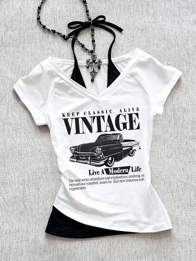 Attitoon 女士休闲复古汽车图案V领露背系带撞色短袖T恤，适合夏季穿着