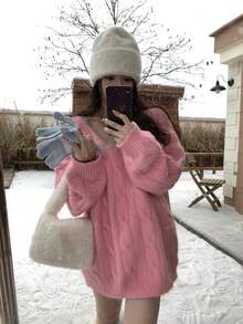 DAZY Suéter de mujer de unicolor con cuello en V, manga larga y trenzado