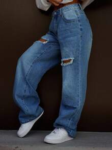 SAYEHFBABY 休闲水洗做旧直筒牛仔裤 - 深色水洗藍 - 查看 5