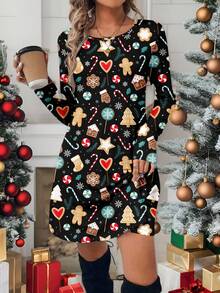 SHEIN LUNE Váy mini tay dài in hình ông già Noel dành cho nữ, phù hợp cho mùa thu/đông - Nhiều màu - Xem 1
