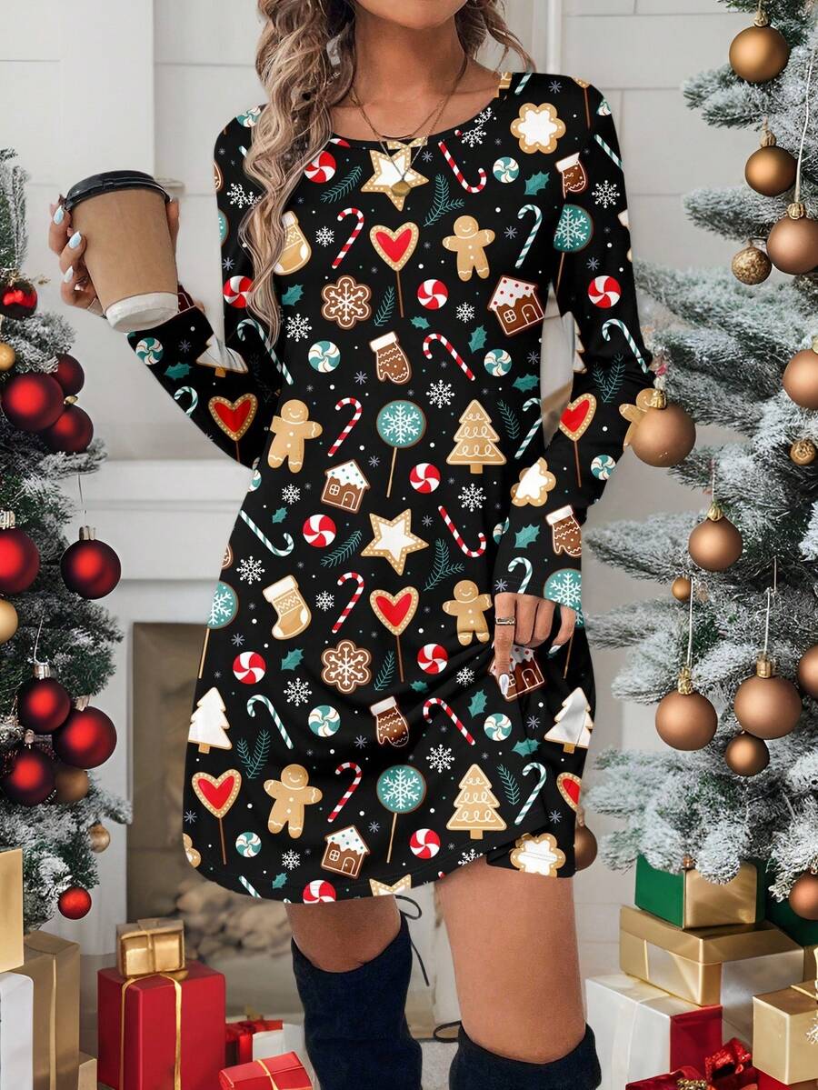 SHEIN LUNE Váy mini tay dài in hình ông già Noel dành cho nữ, phù hợp cho mùa thu/đông - Nhiều màu - Xem 1