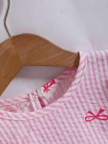 Young Girl Cute Fashion Casual Daily Round Neck Drop Shoulder Long Sleeve Loose Vertical Striped Bow Print Textured Fabric Pink Shirt, Suitable For All Seasons