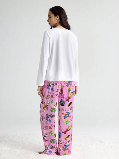 SCOOBY DOO Cartoon Pattern Round Neck Long Sleeve Top Pants Pajama Set, Sleeping Wear Women Schattige Sleep Dog Pyjama Women, Fall Clothes view 2