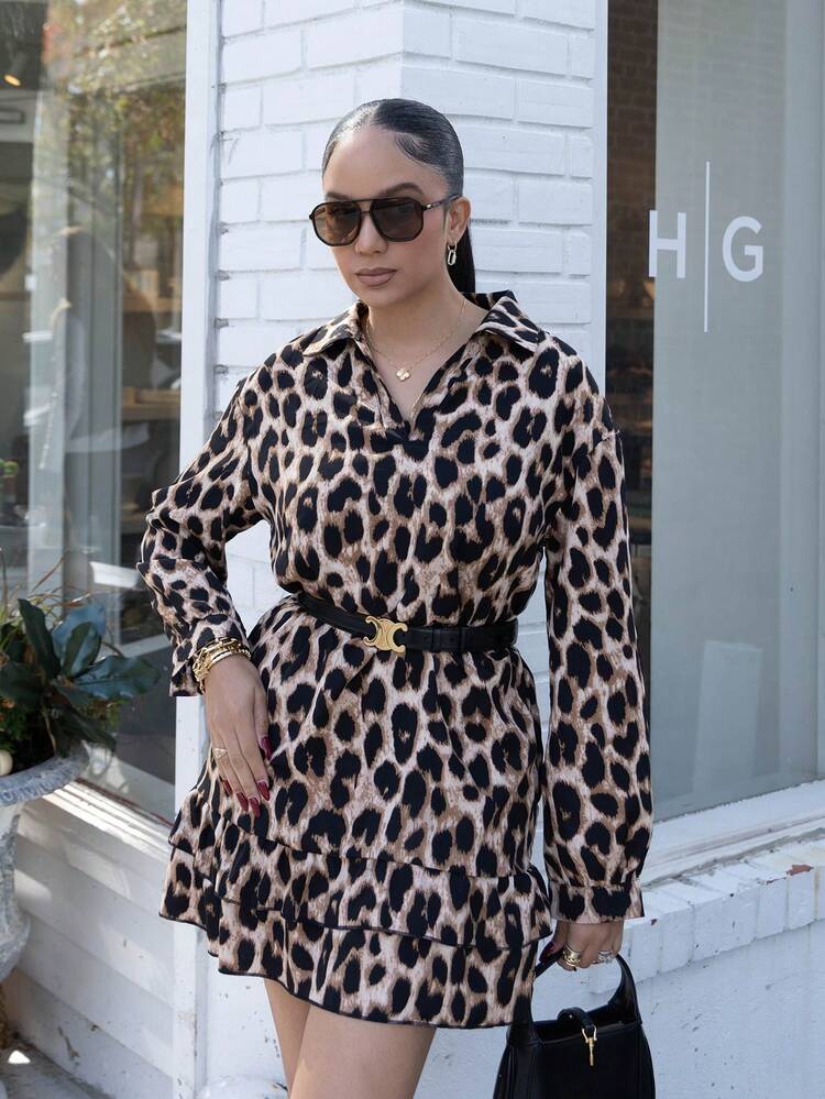 Melissa Matos 豹纹荷叶边下摆长袖连衣裙 - 咖啡 - 查看 4