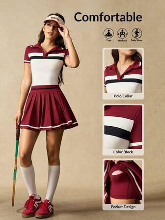 VARSITIE Women's Color Block Pleated Hem Sports Dress Golfing Dress Women Tennis Skirt Set Golf Skirt Set, Ancora Red Dress Tennis Dress, Spring/Summer/Autumn/Winter, Casual Gym Yoga Outdoor Holiday Vacation Yoga