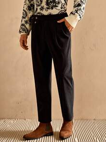 Mainfolk Men's Solid Color Fold Pleated Pocket Straight Leg Business Dress Pants - Black - View 2