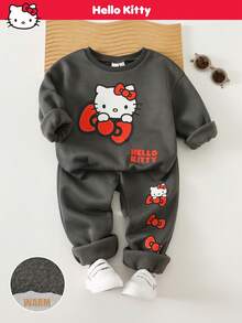 HELLO KITTY AND FRIENDS | SHEIN 女童两件套休闲百搭舒适猫咪印花圆领宽松卫衣和慢跑裤套装 - 灰色 - 查看 5