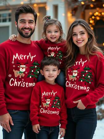 SHEIN LUNE Casual Minimalist Printed Pattern Crew Neck Loose Fit Thick Sweatshirt For Women, Red, Suitable For Christmas, Merry Christmas, Reindeer Print